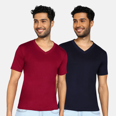 Fleximaa Solid Men V Neck Blue, Maroon T-Shirt