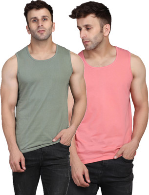 SLOWLORIS Solid Men Round Neck Pink, Green T-Shirt