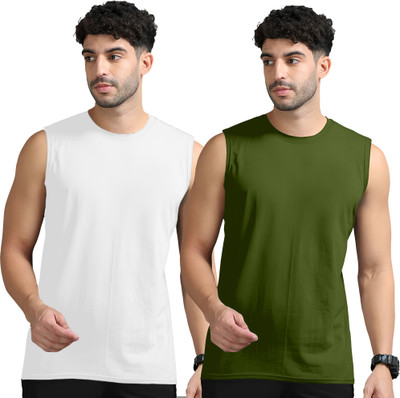 Moordale Solid Men Round Neck White, Dark Green T-Shirt