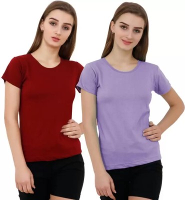 Bi Fashion Solid Women Round Neck Black, Pink T-Shirt