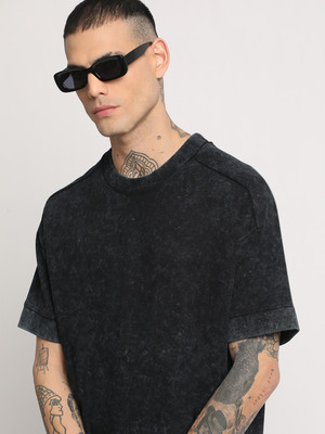 THE BEAR HOUSE Self Design Men Round Neck Black T-Shirt