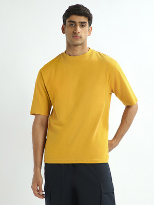 NOBERO Solid Men Crew Neck Yellow T-Shirt