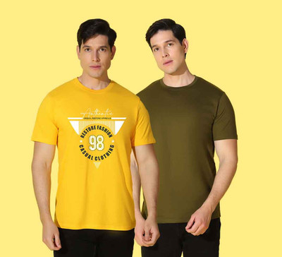 WOOSTRO Printed, Solid Men Round Neck Yellow, Green T-Shirt