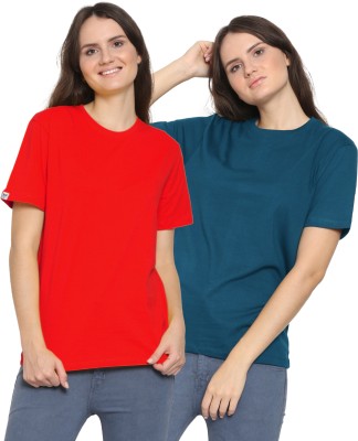 YouthPoi Solid Women Round Neck Red, Dark Blue T-Shirt