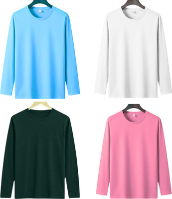 P collection Solid Men Round Neck Pink, Light Blue, Dark Blue, White T-Shirt