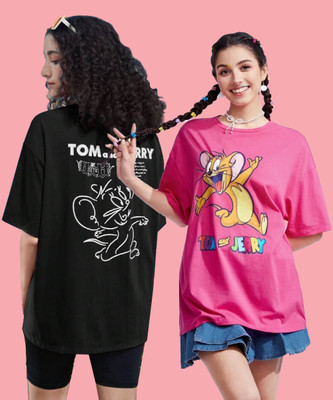 TOM AND JERRY by DreamBe Printed Women Round Neck Black, Pink T-Shirt