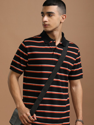 HIGHLANDER Striped Men Polo Neck Black T-Shirt