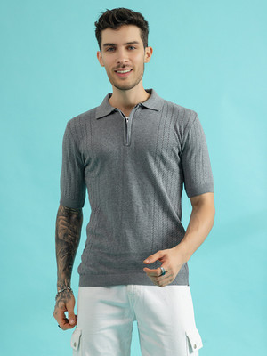 CHKOKKO Self Design Men Polo Neck Grey T-Shirt