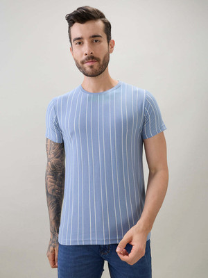 Status Quo Striped Men Round Neck Grey T-Shirt