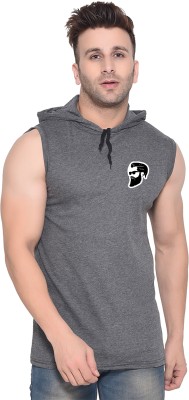 GEUM Printed Men Hooded Neck Grey T-Shirt