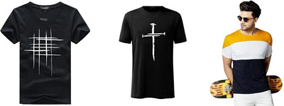 ATTITUDE START OF FASHION Printed Men Round Neck Multicolor, Black T-Shirt