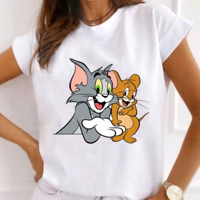 LOOK2BUY Printed Women Round Neck White T-Shirt