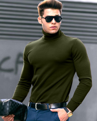 Oosh Solid Men High Neck Dark Green T-Shirt