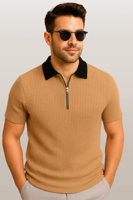 Rufica Self Design Men Polo Neck Beige T-Shirt