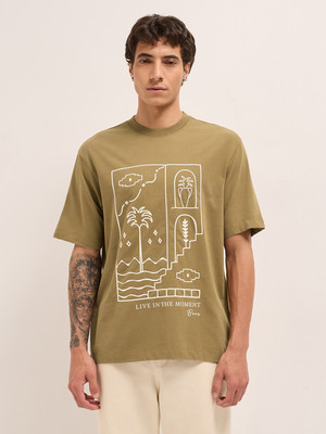 THE BEAR HOUSE Printed Men Crew Neck Dark Green T-Shirt