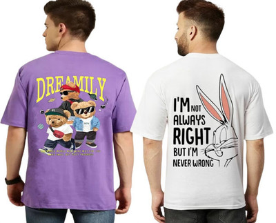 Clothy Printed Men Round Neck Purple, White T-Shirt