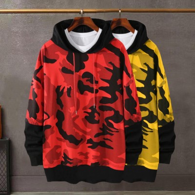 Try This Printed Men Hooded Neck Yellow, Red T-Shirt