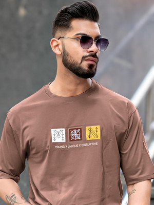 MANIAC Printed Men Round Neck Brown T-Shirt