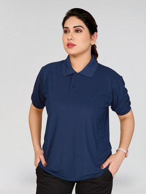 Moda Rapido Solid Women Polo Neck Navy Blue T-Shirt