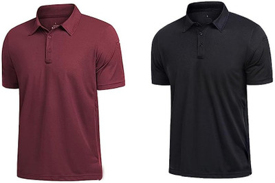 ukal Solid Men Polo Neck Black, Maroon T-Shirt