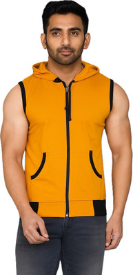 VASTRAART Solid Men Hooded Neck Yellow, Black T-Shirt