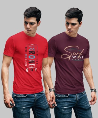 JILZ Printed Men Round Neck Red, Maroon T-Shirt