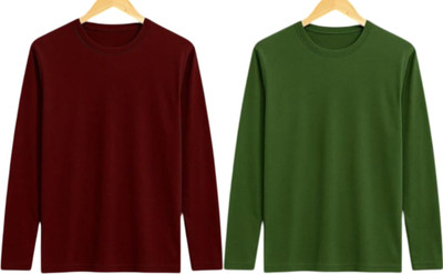 P collection Solid Men Round Neck Maroon, Green T-Shirt
