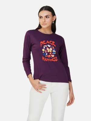 CHOZI Printed Women Round Neck Purple T-Shirt