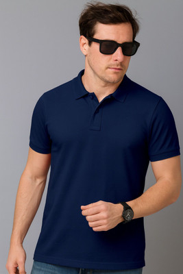 Vivaan Fab Solid Men Polo Neck Navy Blue T-Shirt