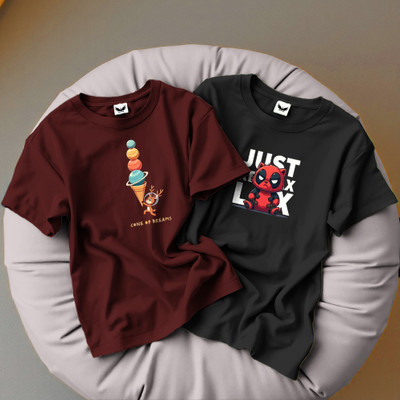 INFIRAX Printed Women Round Neck Maroon, Black T-Shirt