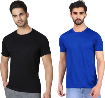 Coolking Solid Men Round Neck Black, Blue T-Shirt