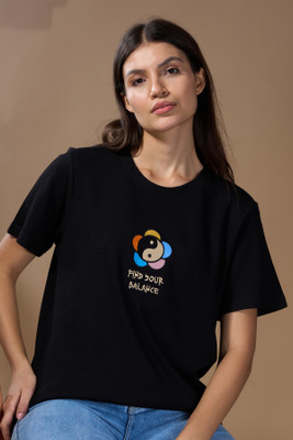 CUPID Solid Women Round Neck Black T-Shirt