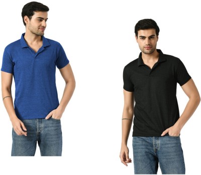 Indistar Solid Men Boat Neck Black, Blue T-Shirt