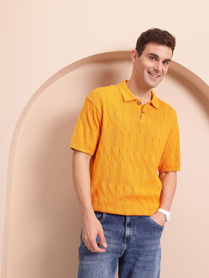 Mast & Harbour Self Design Men Polo Neck Orange T-Shirt