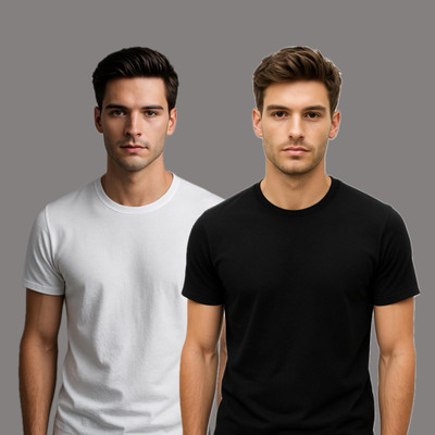 See Yaah Solid Men Round Neck White, Black T-Shirt