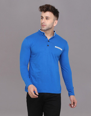 tfurnish Solid Men Mandarin Collar Blue T-Shirt