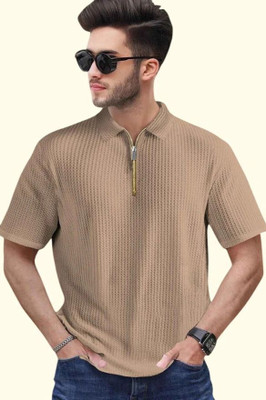 TELOXY Striped Men Zip Neck Beige T-Shirt