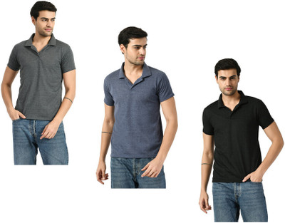 Kavvya Solid Men Polo Neck Grey, Light Blue, Black T-Shirt