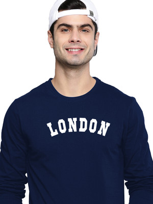 London Crew Typography Men Round Neck Navy Blue T-Shirt