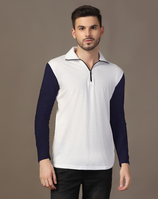Lawful Casual Solid Men Polo Neck Navy Blue T-Shirt