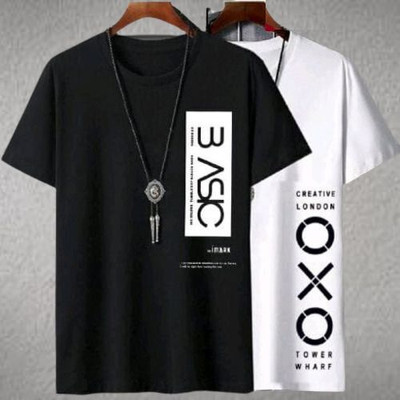 stylesmyth Printed Men Round Neck White, Black T-Shirt