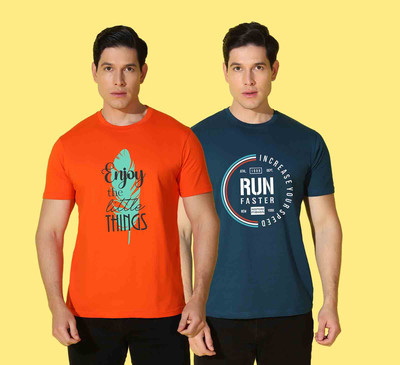 WOOSTRO Typography Men Round Neck Orange, Blue T-Shirt