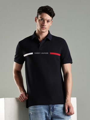 TOMMY HILFIGER Printed Men Polo Neck Black T-Shirt