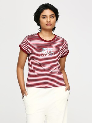 Pepe Jeans Striped, Typography Women Round Neck Red T-Shirt