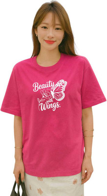 Fluffy Enterprises Printed Women Round Neck Pink T-Shirt