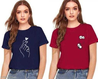 Lasmo Printed Women Round Neck Blue, Maroon T-Shirt