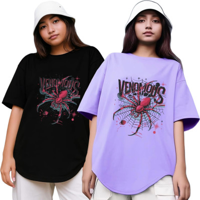 R S Fashion Printed Women Round Neck Black, Purple T-Shirt