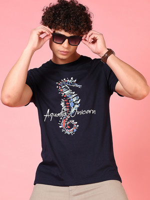 V-MART Printed Men Round Neck Blue T-Shirt