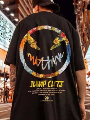 Jump Cuts Printed, Typography Men Round Neck Black, Yellow T-Shirt