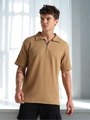 INDICLUB Solid Men Polo Neck Beige T-Shirt